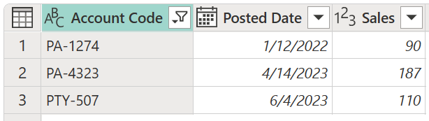 สกรีนช็อตของตารางเอาต์พุตตัวอย่างสําหรับการดําเนินการแถวตัวกรองพื้นฐานที่มีเฉพาะรหัสบัญชีที่ขึ้นต้นด้วย PA หรือ PTY