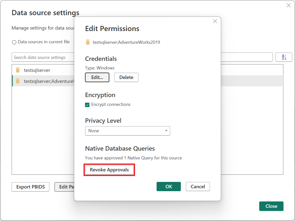 ภาพหน้าจอของกล่องโต้ตอบสิทธิ์การแก้ไขโดยเน้นการเพิกถอนการอนุมัติ