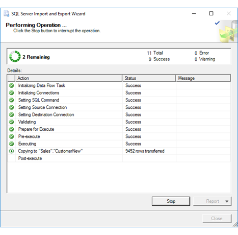Performing operation page of the Import and Export Wizard Performing operation page of the Import and Export Wizard