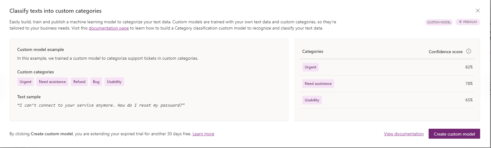 Screenshot of the classify text model presentation, highlighting the Get started option.