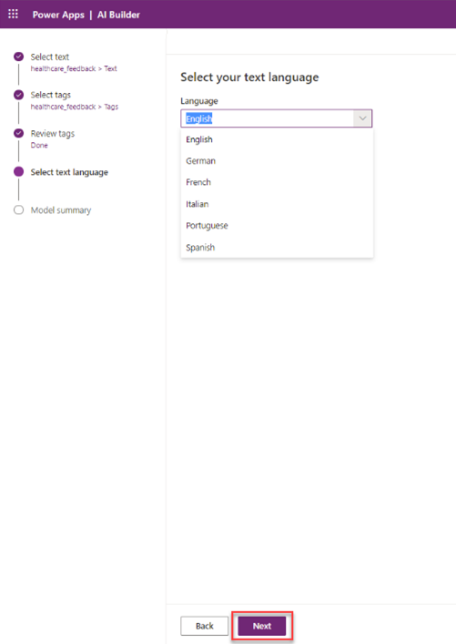 Screenshot of the Category Classification model in Power Apps Studio with a dropdown list of languages where English is selected and a highlight on Next.