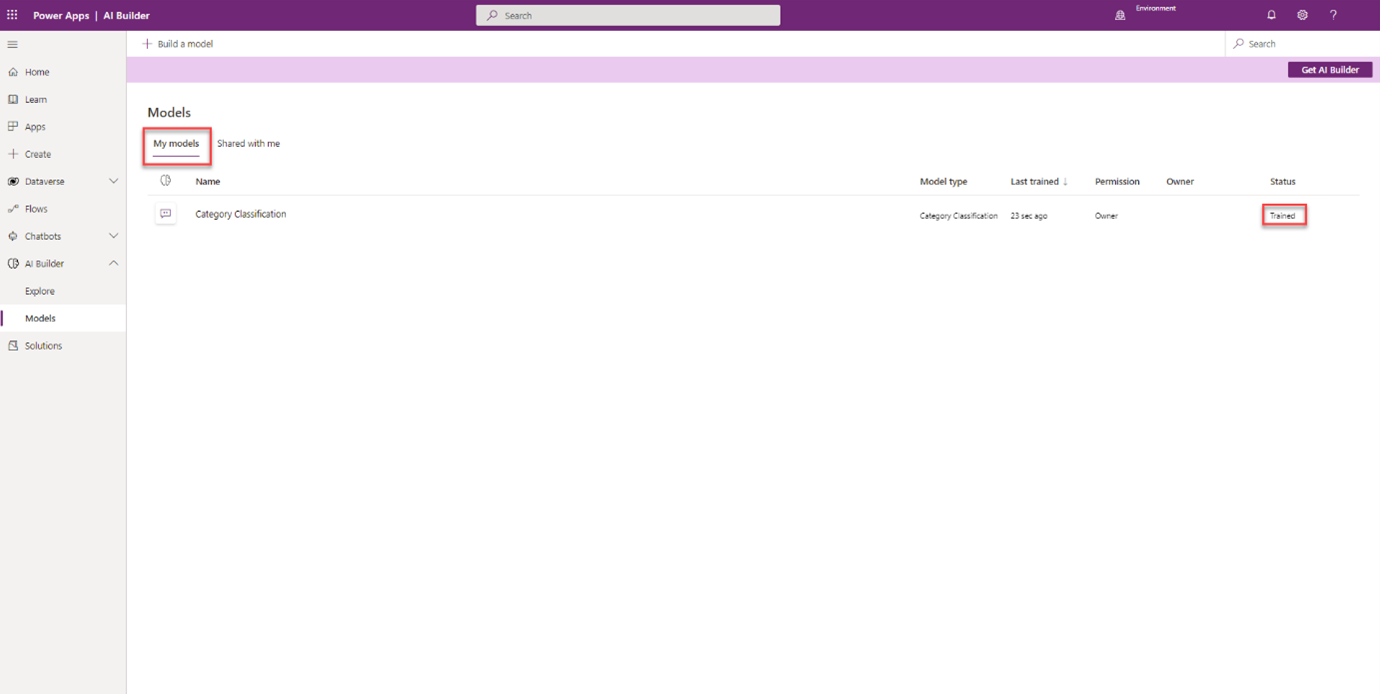 Screenshot of the list of AI Builder models in Power Apps Studio with a highlight on My models and the Trained status.