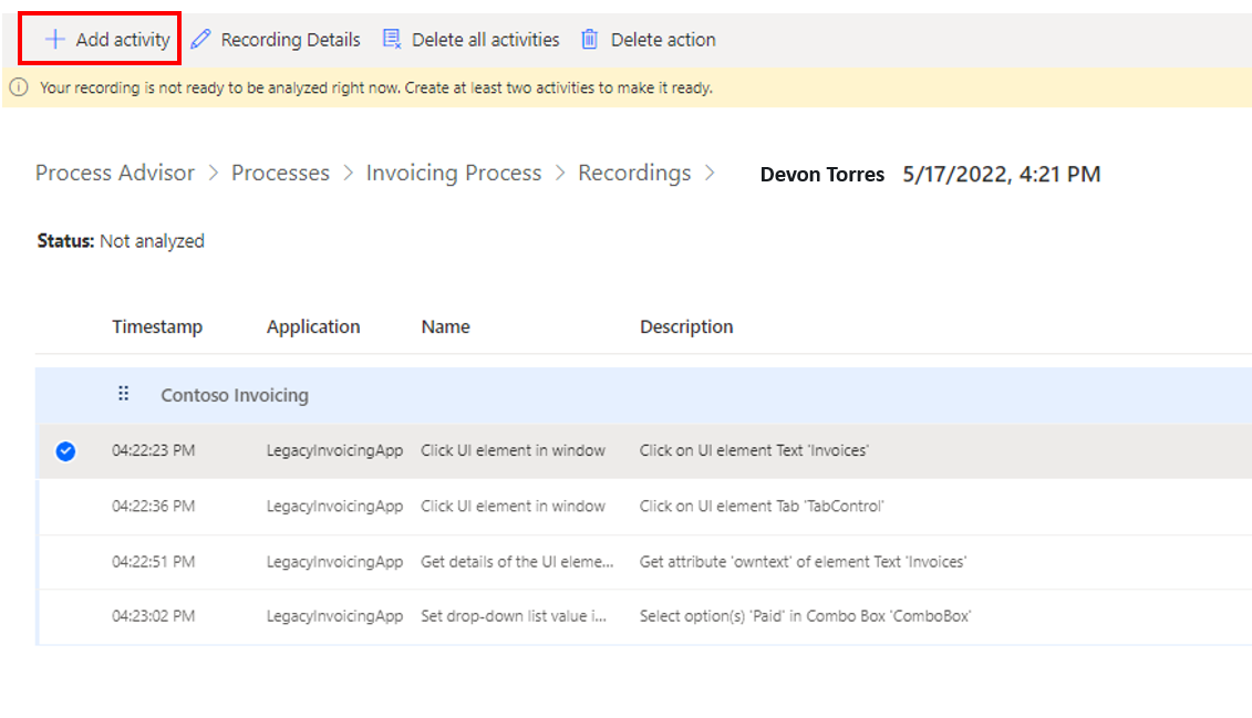 Screenshot of the Add activity button to begin the grouping process.