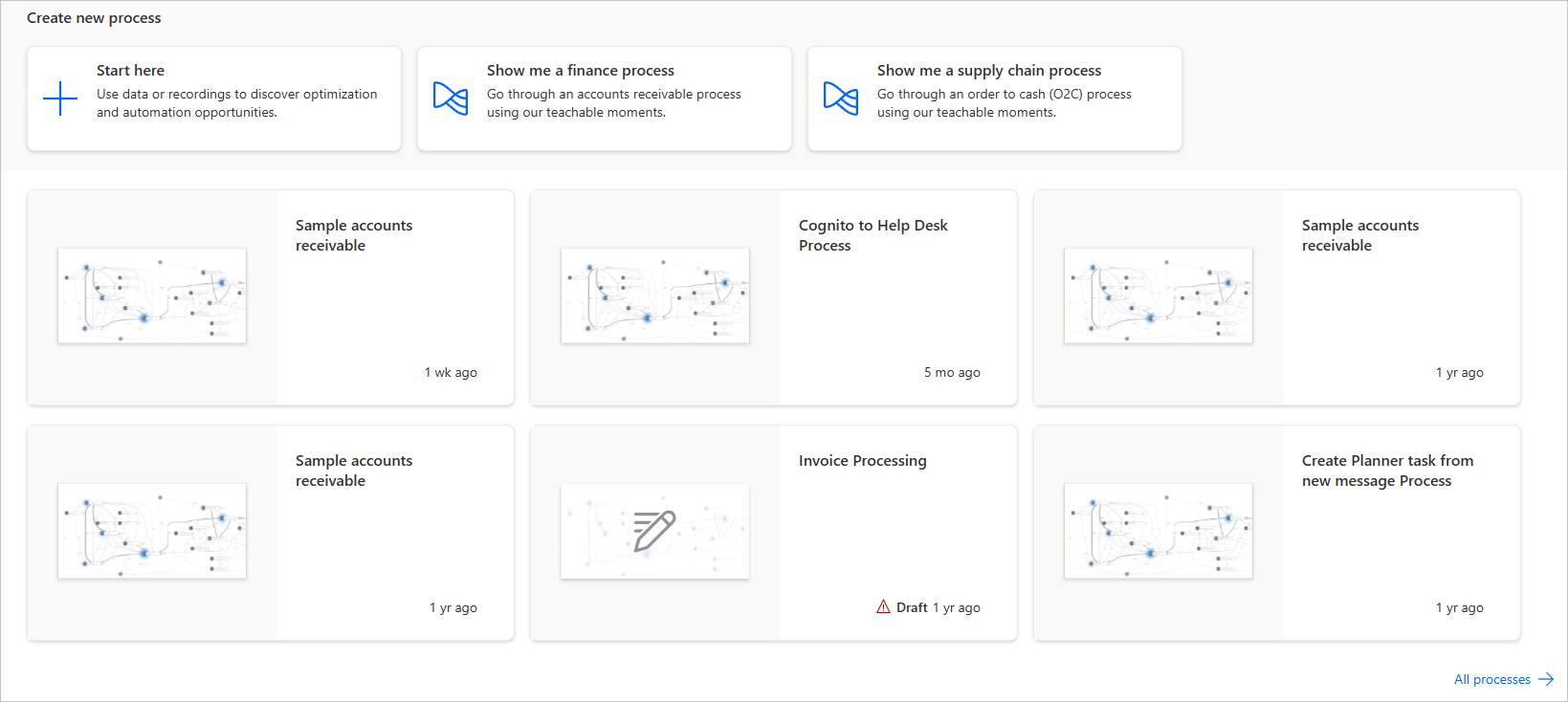 Screenshot showing some existing processes in Process mining.