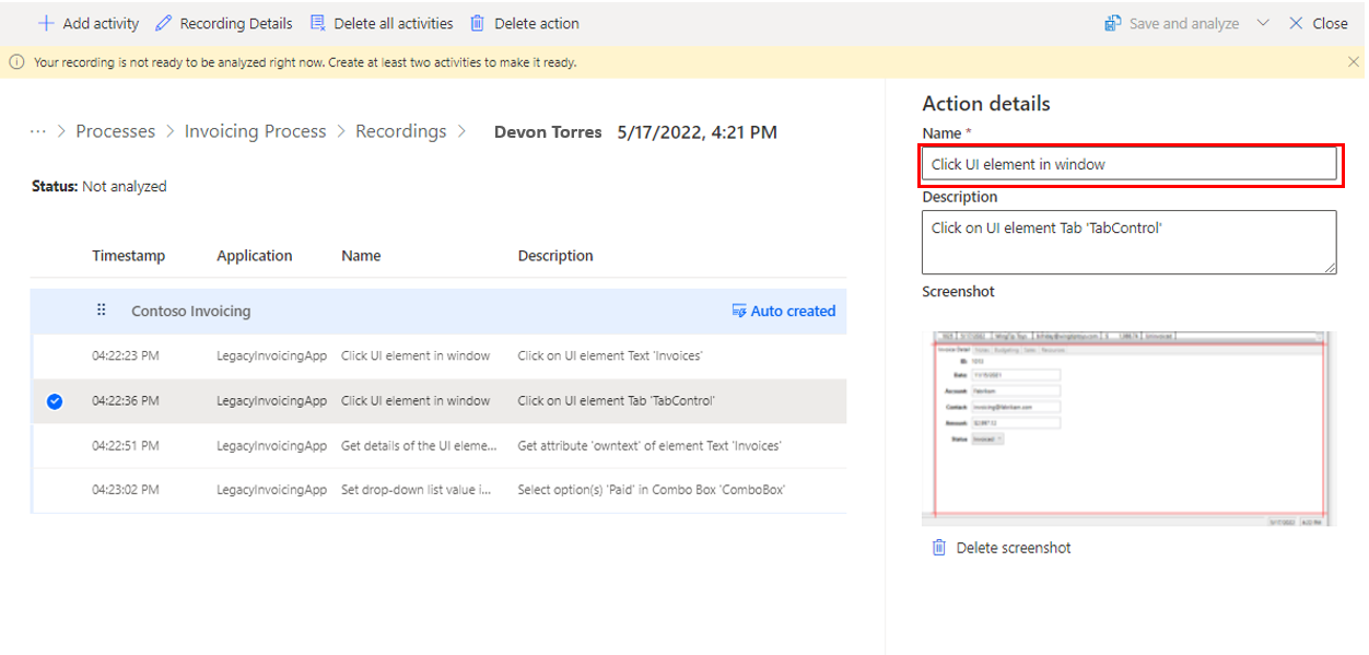 Screenshot of the activity name field list.