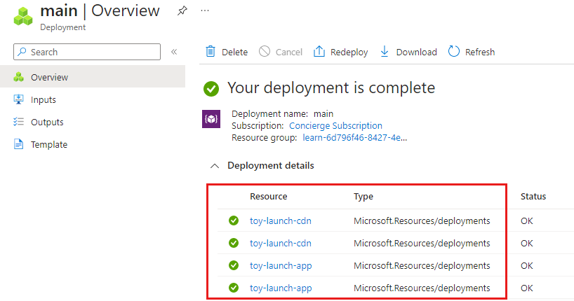 สกรีนช็อตของพอร์ทัล Azure ที่แสดงรายละเอียดการปรับใช้สําหรับการปรับใช้หลัก