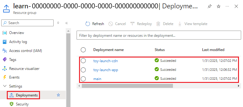 สกรีนช็อตของพอร์ทัล Azure ที่แสดงกลุ่มทรัพยากรพร้อมกับรายการเมนูการปรับใช้ที่ถูกเน้น