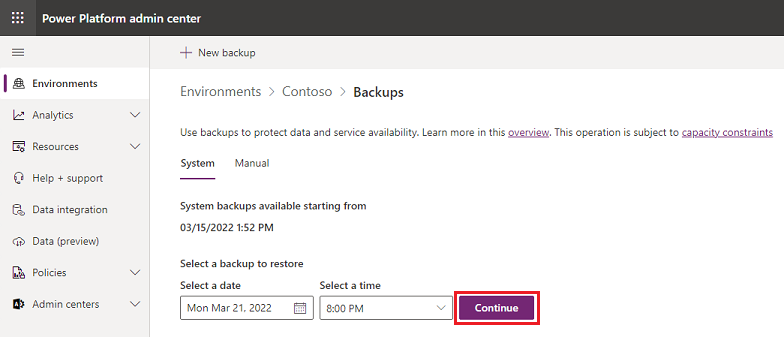 Screenshot of selecting an environment to restore.
