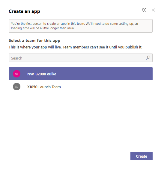 Screenshot of the Create button to create an app.