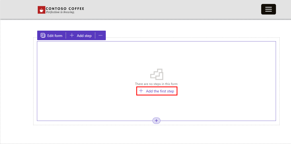 Screenshot of the Power Pages design studio with the Add the first step option highlighted.