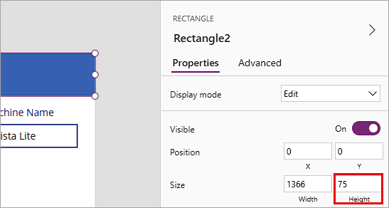 Screenshot of image shows properties of the rectangle with a highlight on the height value of the button showing 75.