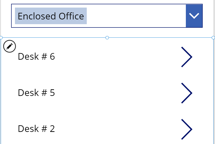 Screenshot showing a dropdown list of locations and a gallery of desks.