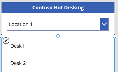 Screenshot of a sample UI showing the Location 1 dropdown list selected, followed by a list of desks at the selected location.