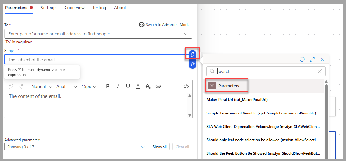 Screenshot of including an environment variable in a cloud flow.