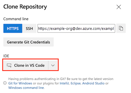 สกรีนช็อตของ Azure DevOps ที่แสดงการตั้งค่าที่เก็บข้อมูล ปุ่มสําหรับการลอกแบบใน Visual Studio Code จะถูกเน้น