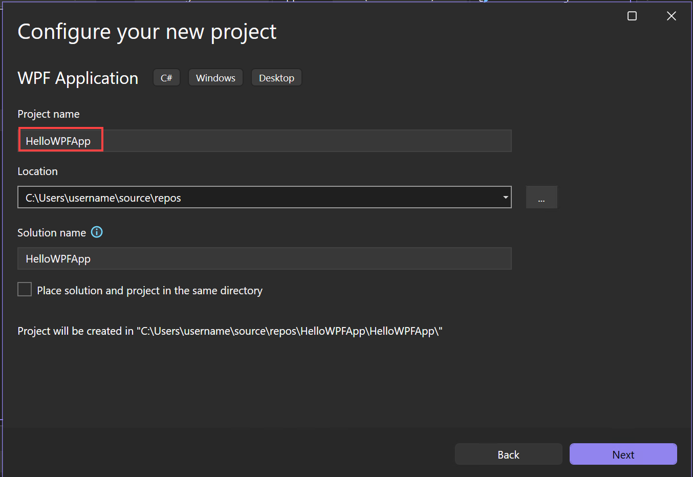 Screenshot that shows the 'Configure your new project' dialog with 'HelloWPFApp' entered in the Project name field.