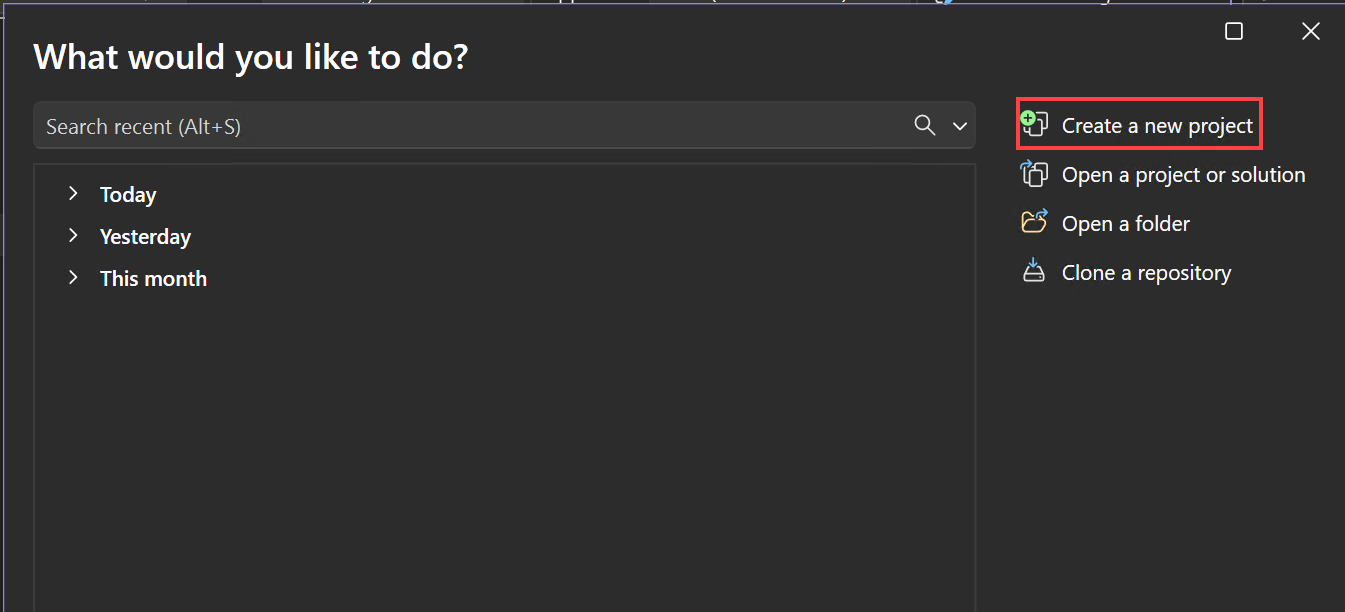 Screenshot shows the start window for Visual Studio. Create a new project option is highlighted.