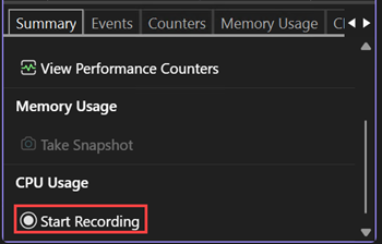 Screenshot that shows the Start Recording button.