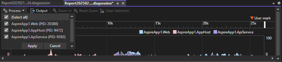 Screenshot that shows multi-process filter.