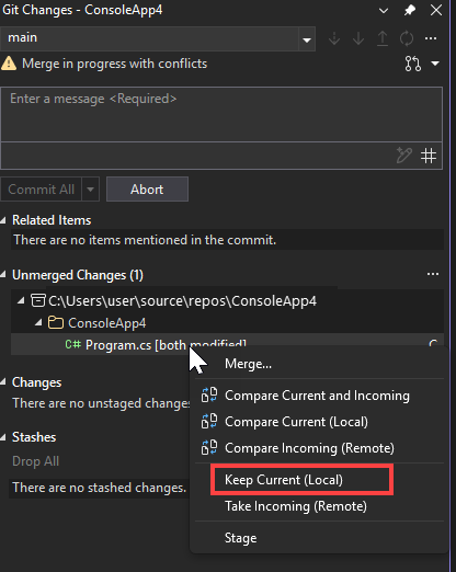 Screenshot that shows the Keep Current menu option.