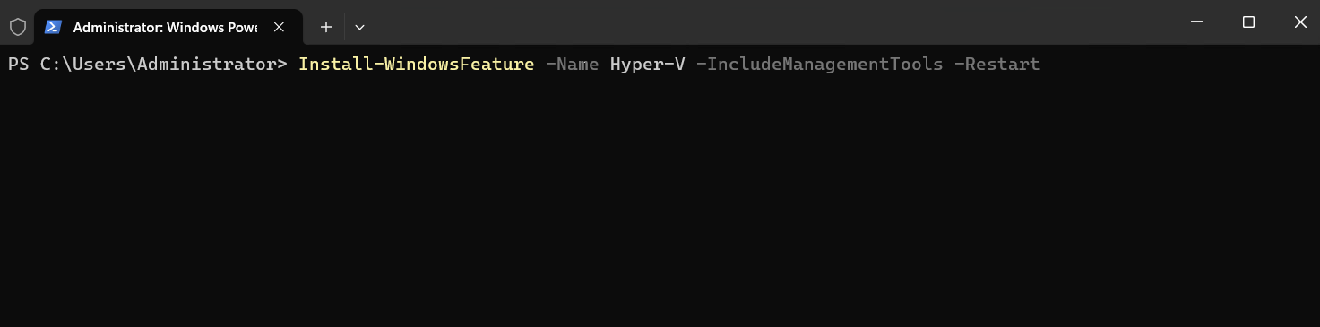 Screenshot of PowerShell window after running the command to install Hyper-V in Windows Server.