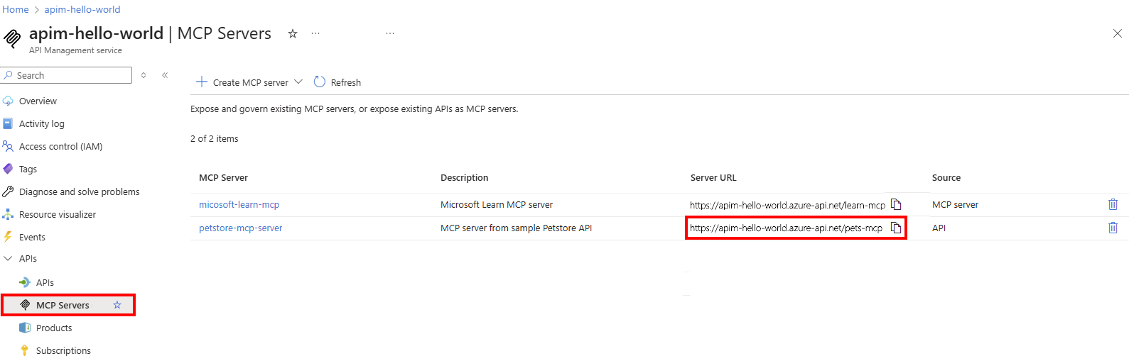 门户中 MCP 服务器列表的屏幕截图。