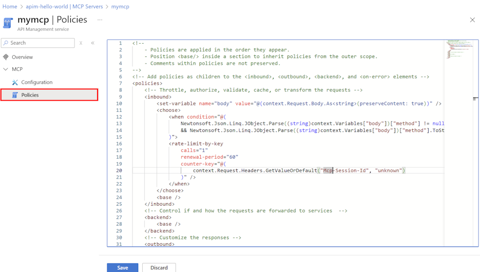 MCP 服务器的策略编辑器的屏幕截图。