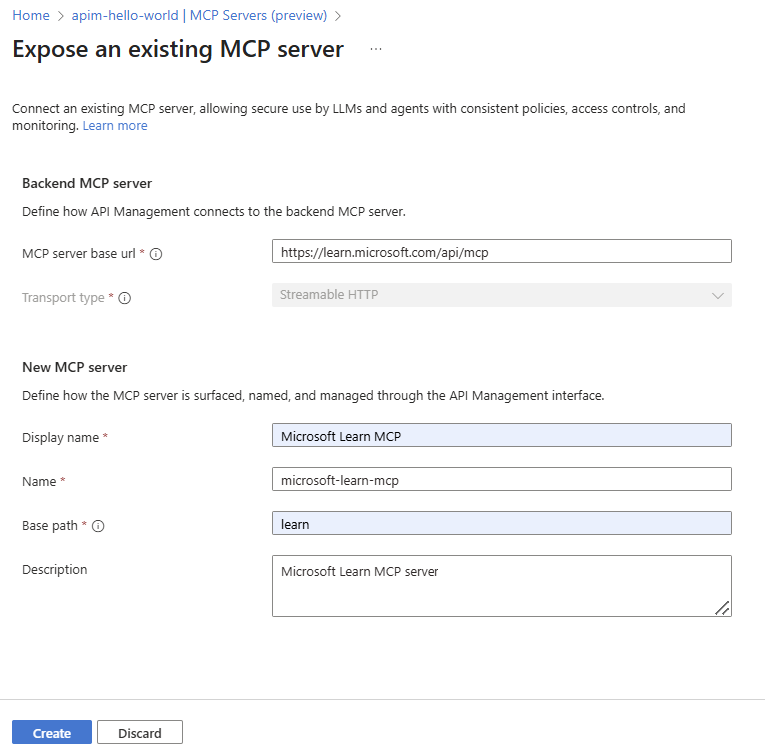 在门户中创建 MCP 服务器的屏幕截图。