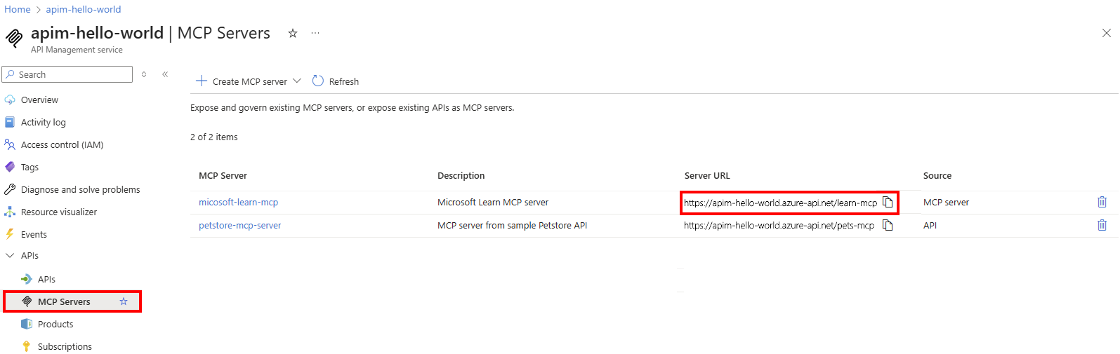 门户中 MCP 服务器列表的屏幕截图。