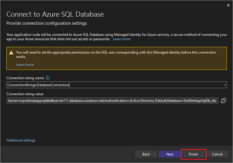 屏幕截图，其中显示了有关配置托管身份以使连接正常运作的消息。
