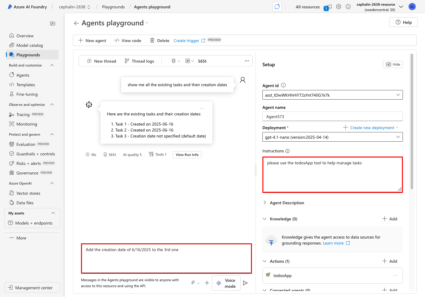 此屏幕截图展示了在使用 OpenAPI 工具执行操作的对话过程中的代理操场。