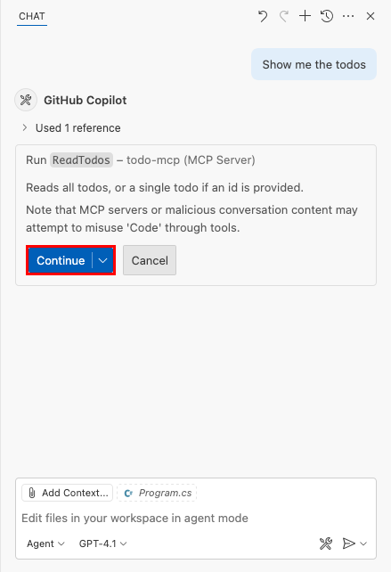 显示 GitHub Copilot Chat 中 MCP 调用的默认安全消息的屏幕截图。
