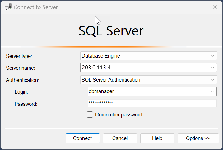 显示与 SQL Server 的连接的屏幕截图。
