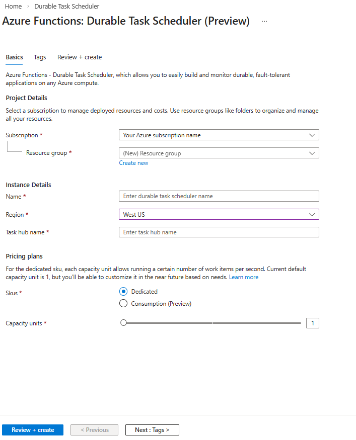 Durable Task Scheduler 的“创建”页的屏幕截图。