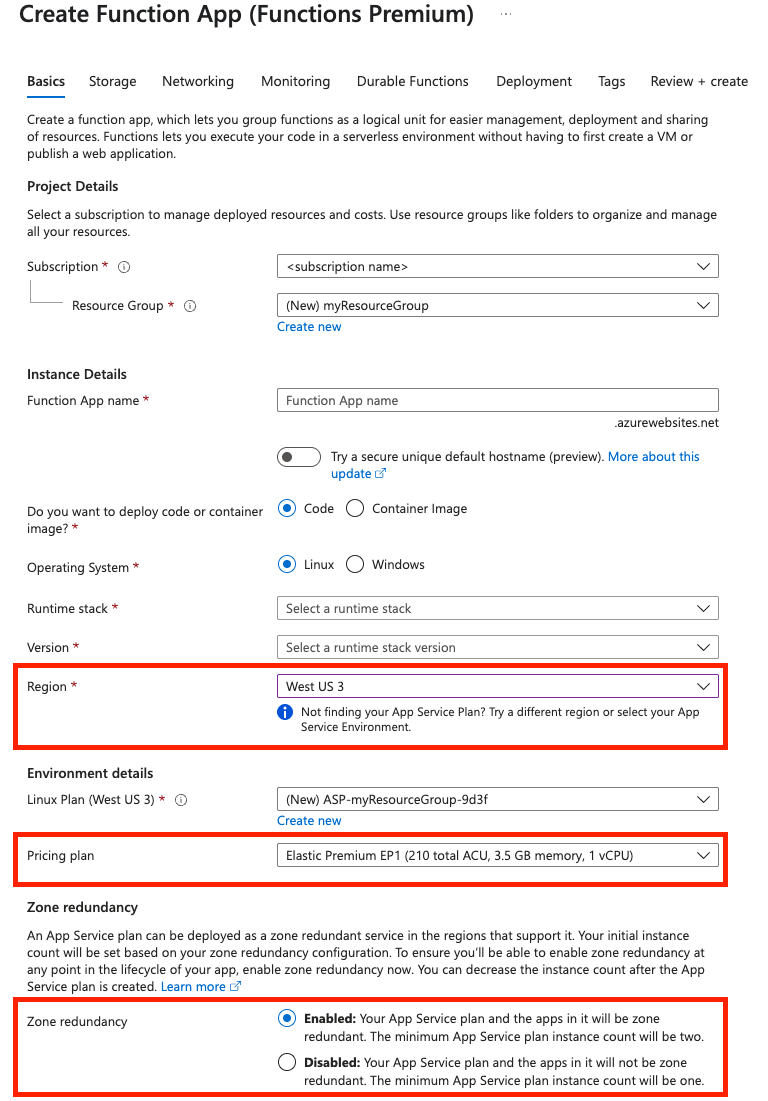 函数应用创建页的“基本信息”选项卡的屏幕截图。