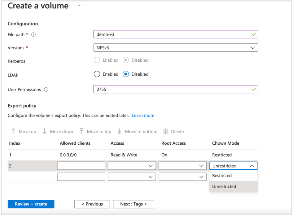 显示 NFS 的 Create a Volume 屏幕的屏幕截图。