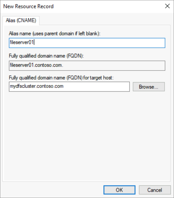 描述 CNAME DNS 条目的“新资源记录”的屏幕截图。