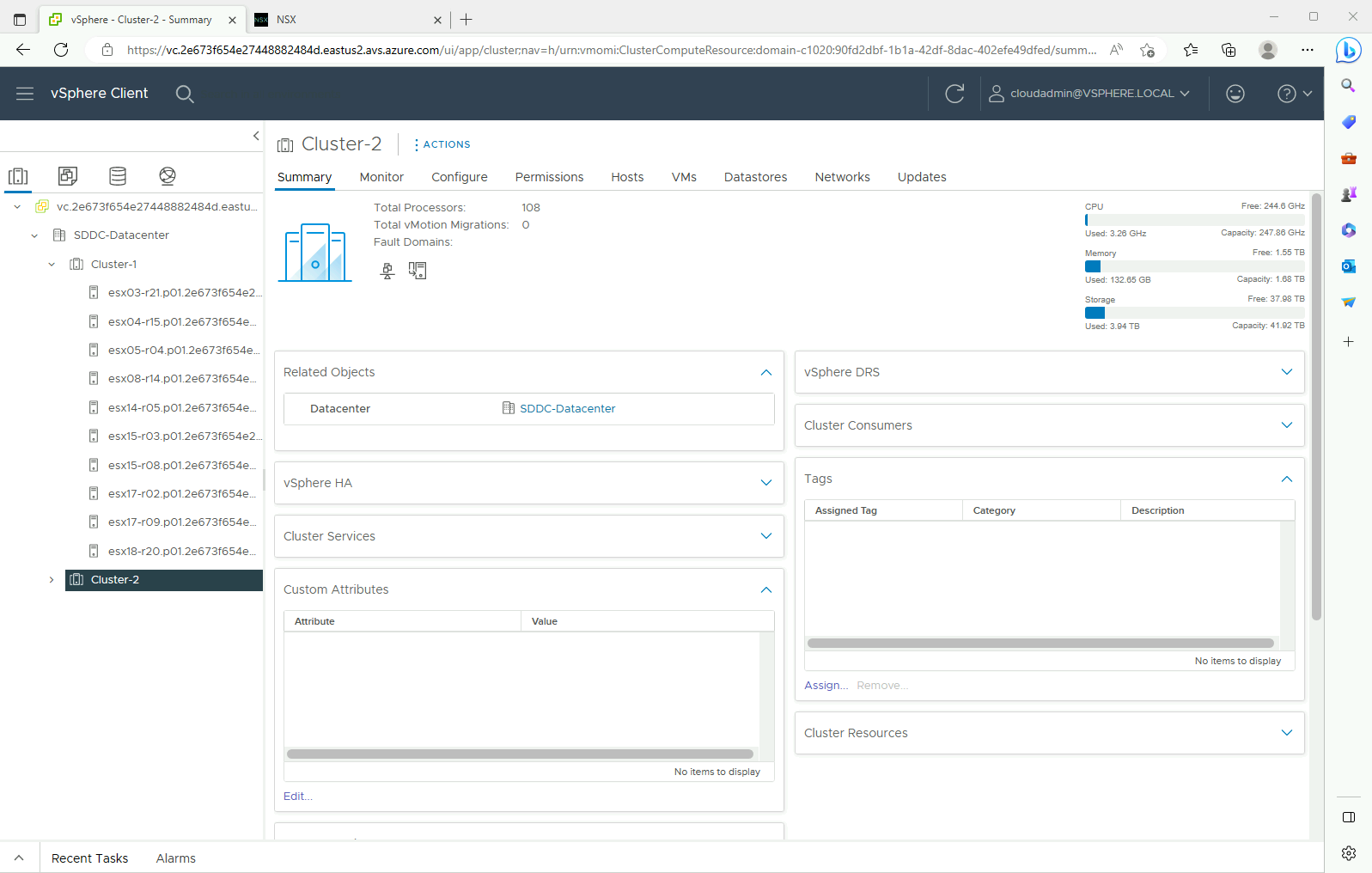 显示 vSphere 客户端中的群集 1 摘要的屏幕截图。