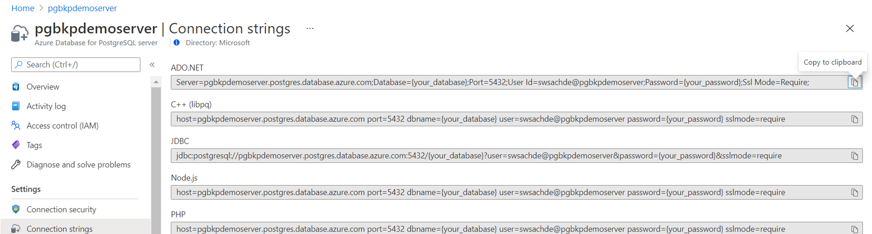 屏幕截图显示 Azure Database for PostgreSQL 的服务器连接字符串被视为机密。