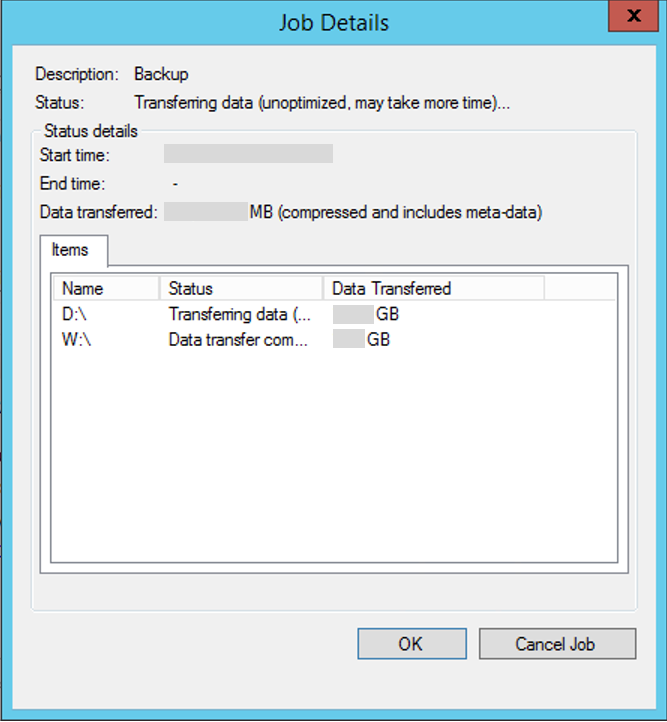 屏幕截图显示在未优化模式下运行的备份作业。