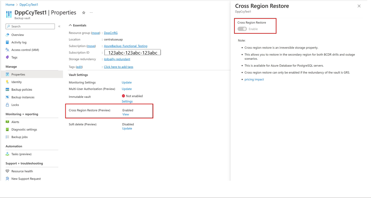 该屏幕截图显示如何为 PostgreSQL 数据库启用跨区域还原。