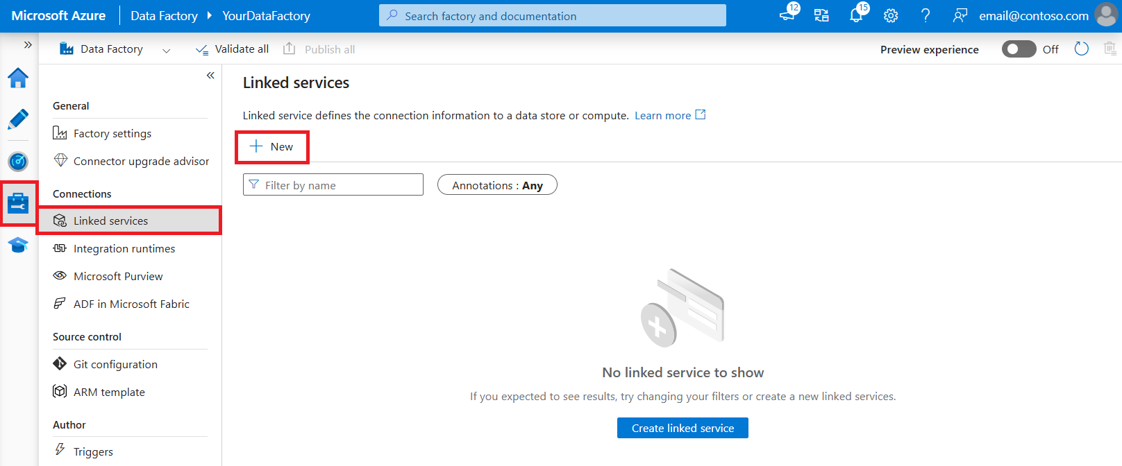 使用 Azure 数据工厂 UI 创建新链接服务的屏幕截图。