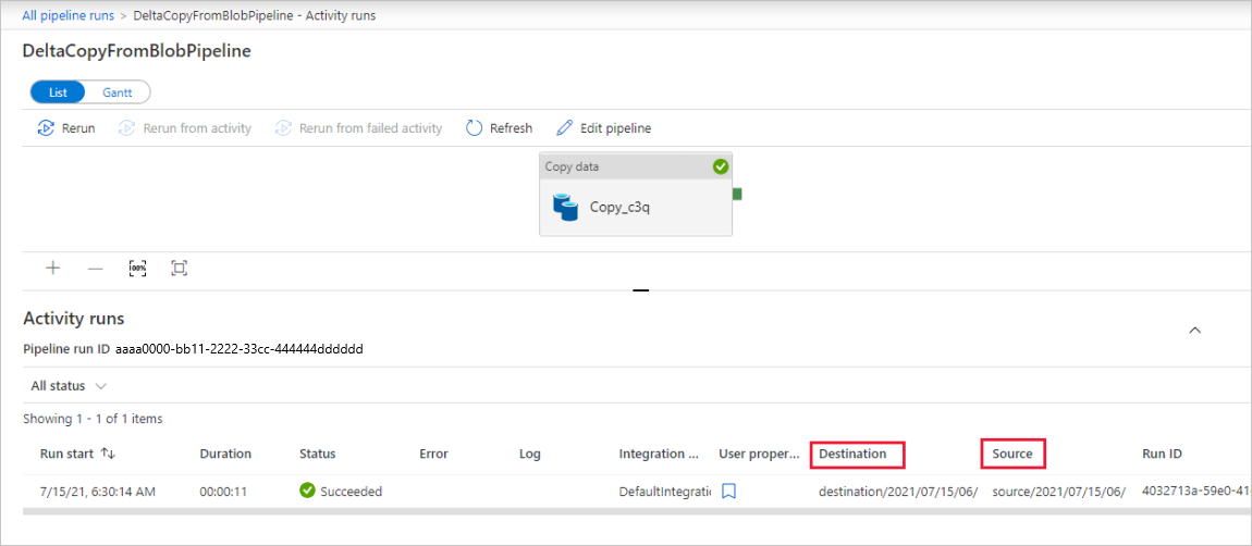 屏幕截图显示了管道运行详细信息。