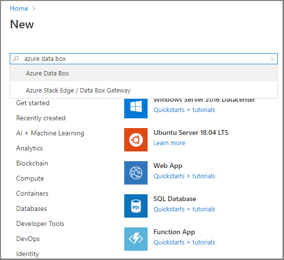 创建新 Data Box 订单时显示的搜索结果的屏幕截图。