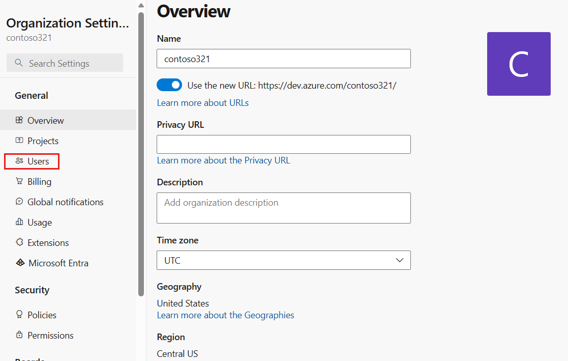 屏幕截图显示“组织概述”页面,其中突出显示了“用户”。