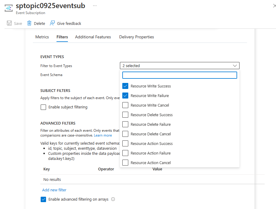 显示“事件订阅”页的屏幕截图，其中选择了“筛选器”选项卡。