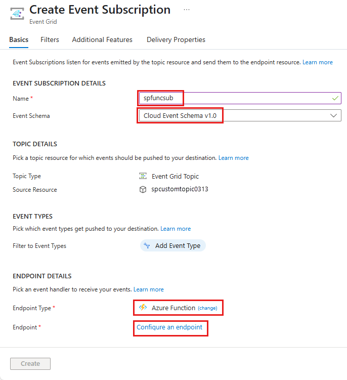 显示“创建事件订阅”页的屏幕截图。