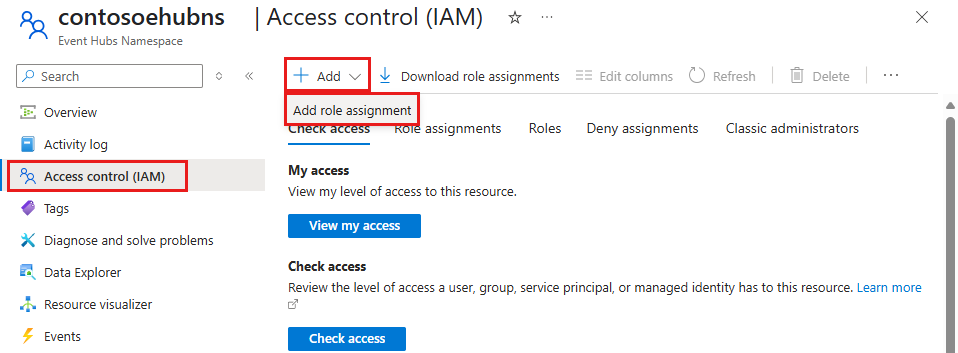 屏幕截图显示事件中心命名空间的“访问控制”页。