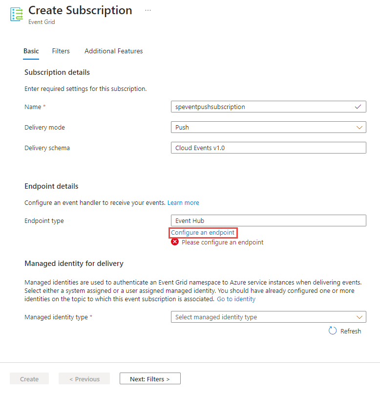 显示“创建订阅”页的屏幕截图,已为“发送模式”选择“推送”。