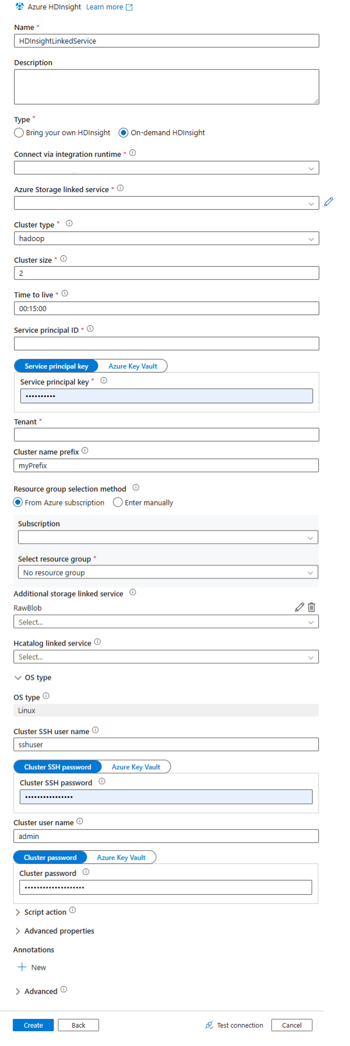 为 HDInsight 关联服务提供值。
